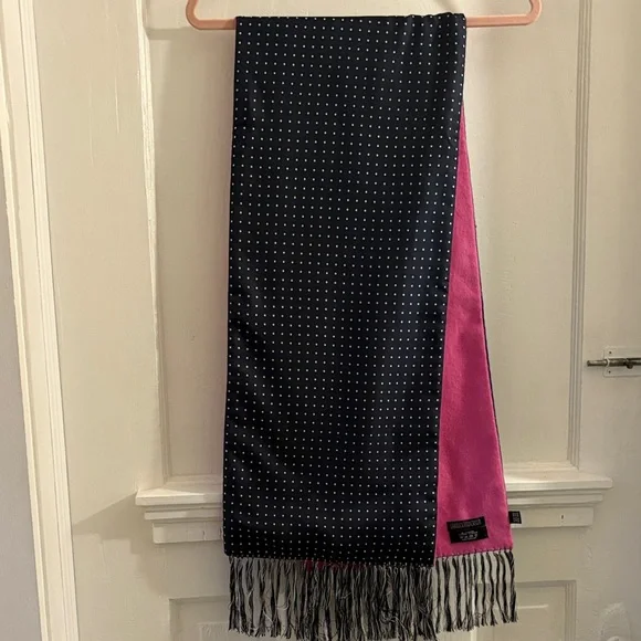 Elegant Pink and Navy Silk and Cashmere Polka Dot Scarf - Picture 8 of 11